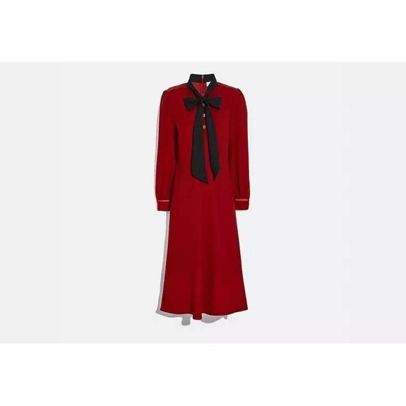 Coach 1941 Red Silk Bow Neck Long Sleeve Midi Dress Size 8 Vintage Style Runway - Picture 2 of 11